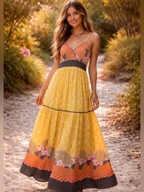 Funky People Bohemian Yellow Floral Maxi Sundress